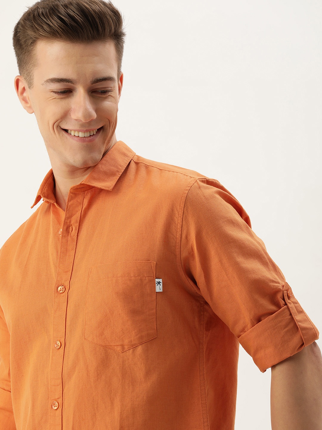 

Mast & Harbour Men Standard Opaque Cotton Linen Casual Shirt, Orange