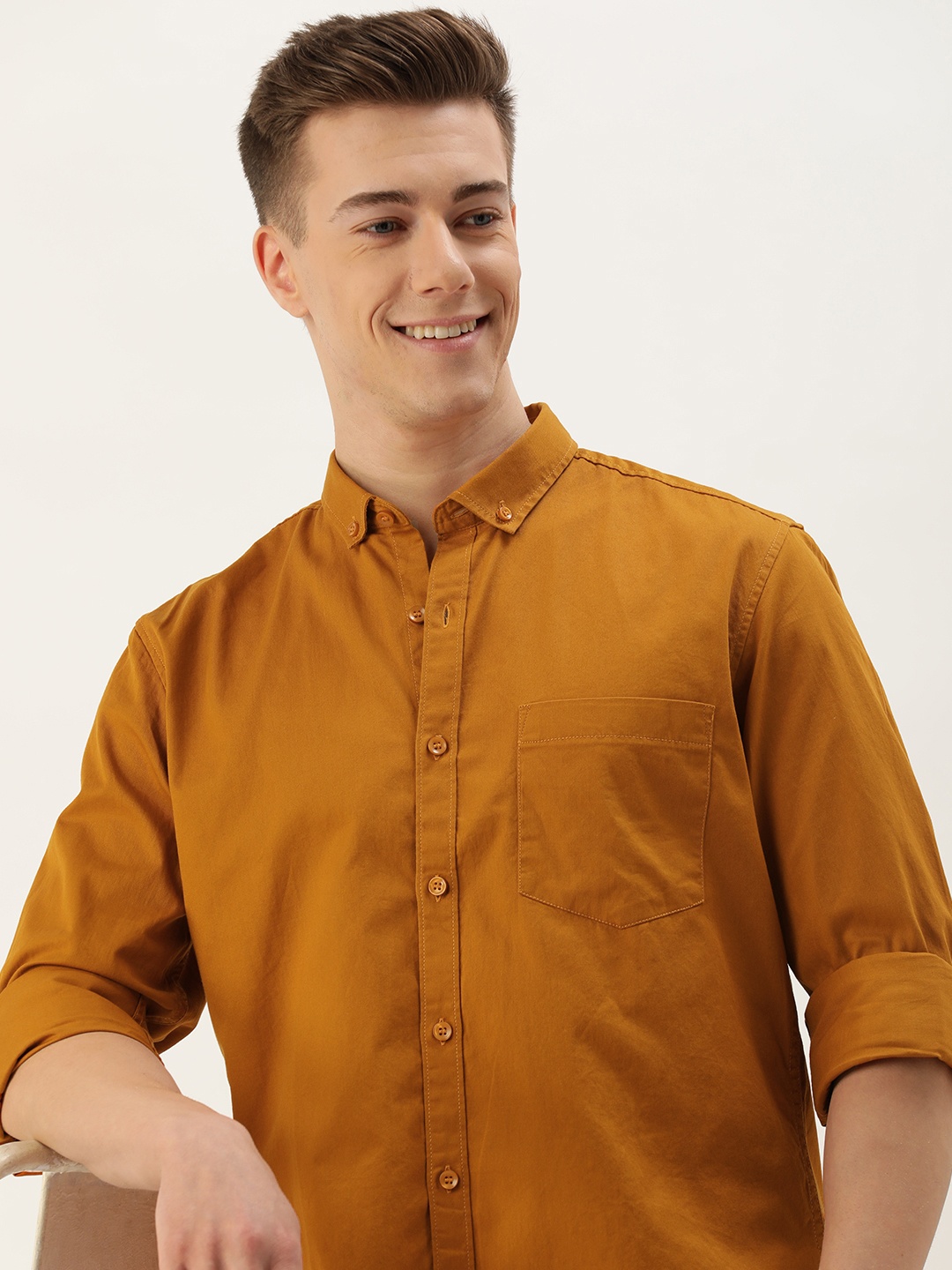 

Mast & Harbour Men Standard Button-Down Collar Pure Cotton Casual Shirt, Mustard