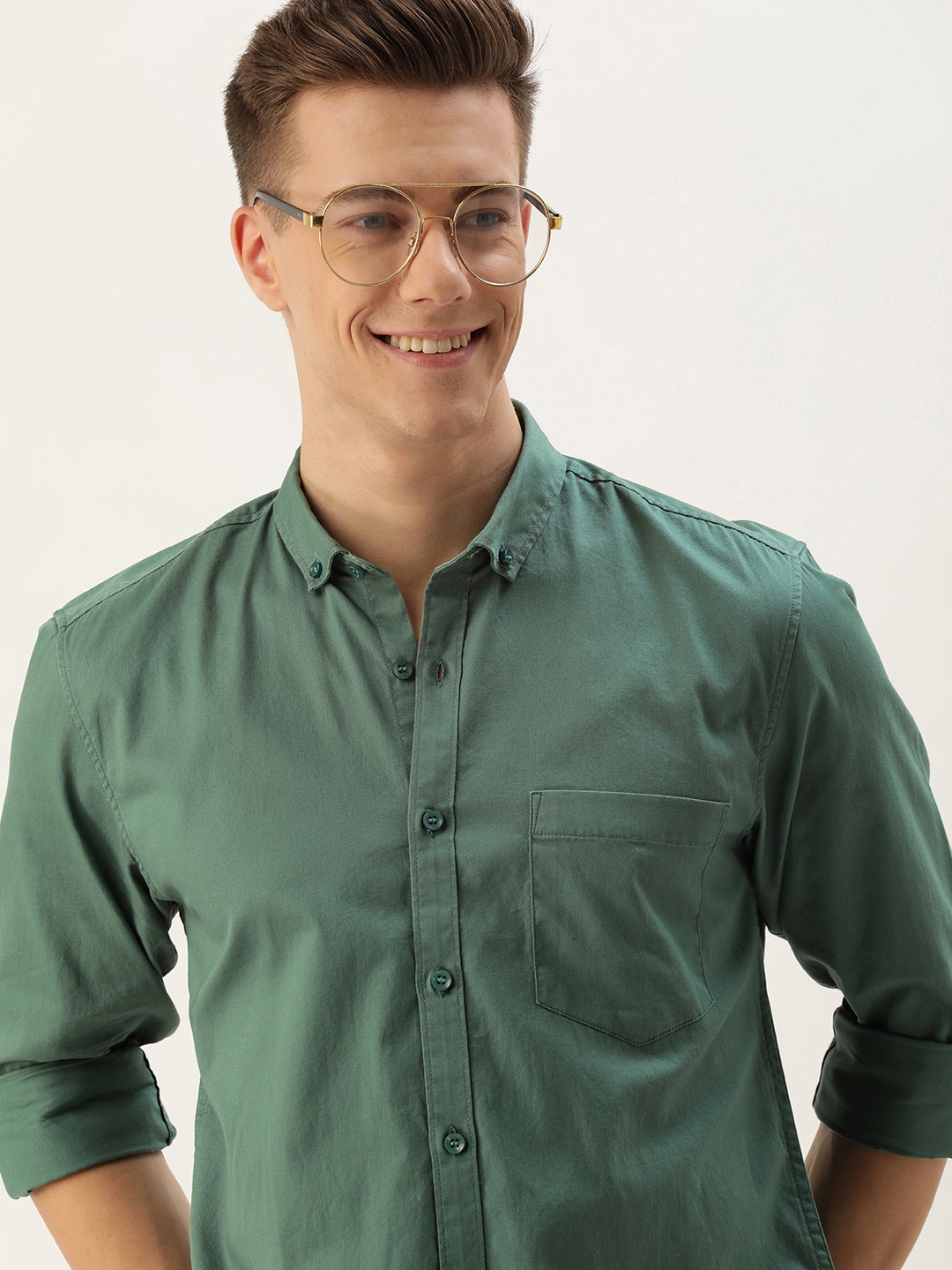 

Mast & Harbour Men Standard Opaque Button-Down Collar Pure Cotton Casual Shirt, Green