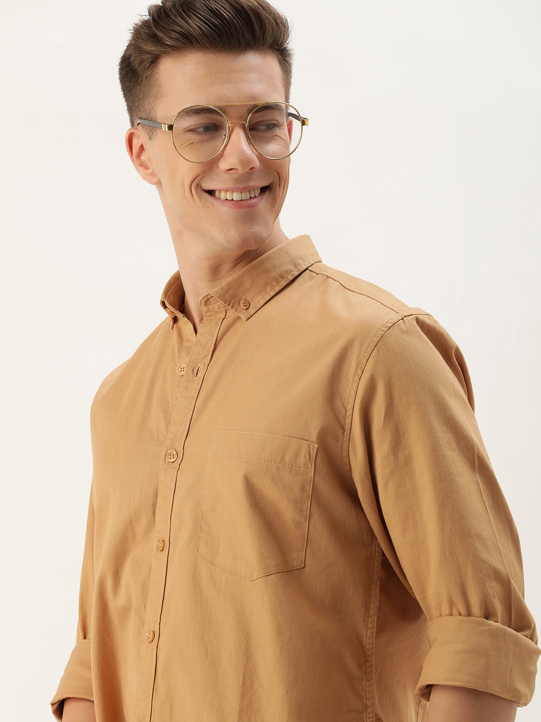 

Mast & Harbour Men Standard Opaque Button-Down Collar Pure Cotton Casual Shirt, Camel brown