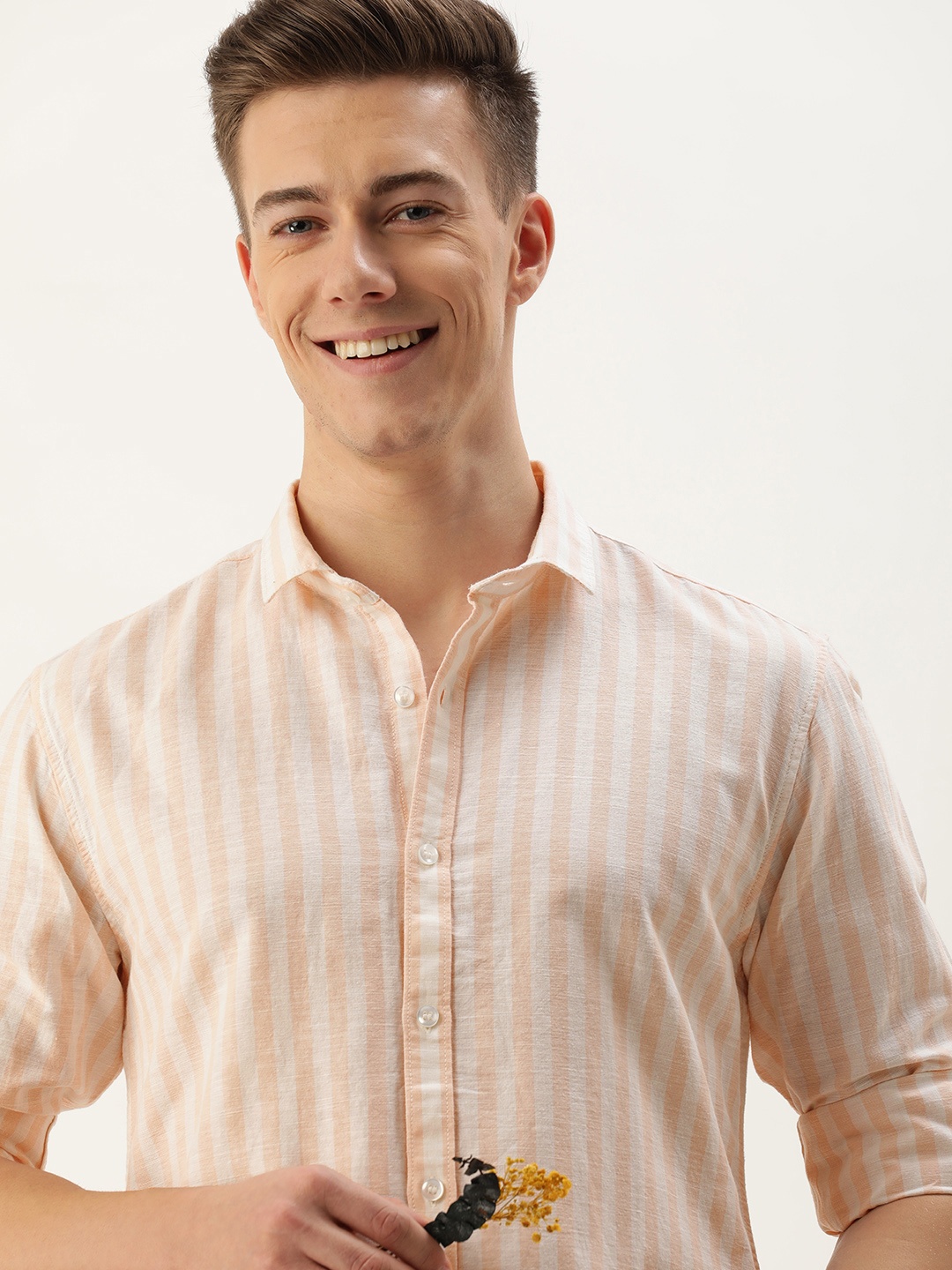 

Mast & Harbour Men Standard Opaque Striped Casual Shirt, Peach