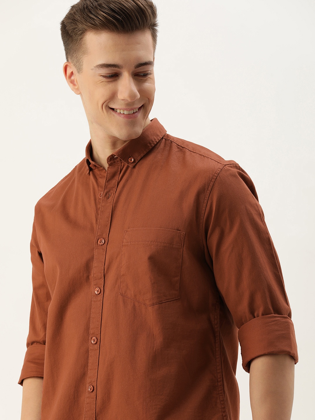 

Mast & Harbour Men Standard Opaque Button-Down Collar Pure Cotton Casual Shirt, Rust