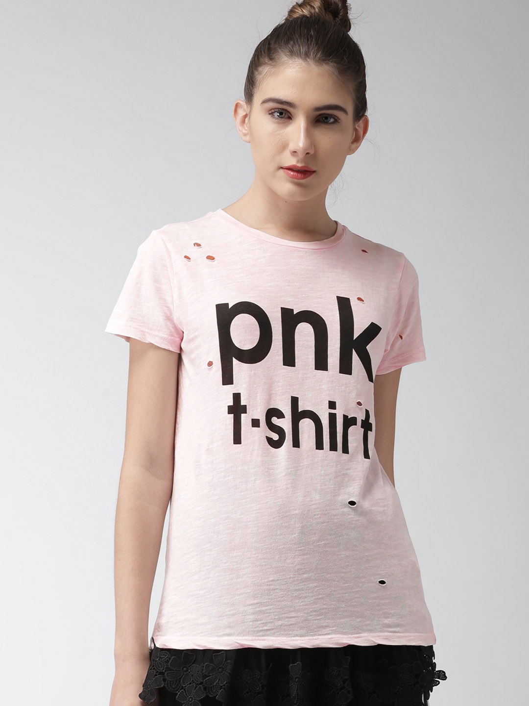 

FOREVER 21 Women Pink Printed Round Neck T-shirt