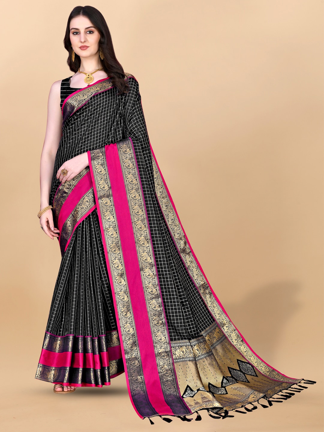 

JATRIQQ Checked Woven Design Zari Kanjeevaram Saree, Black