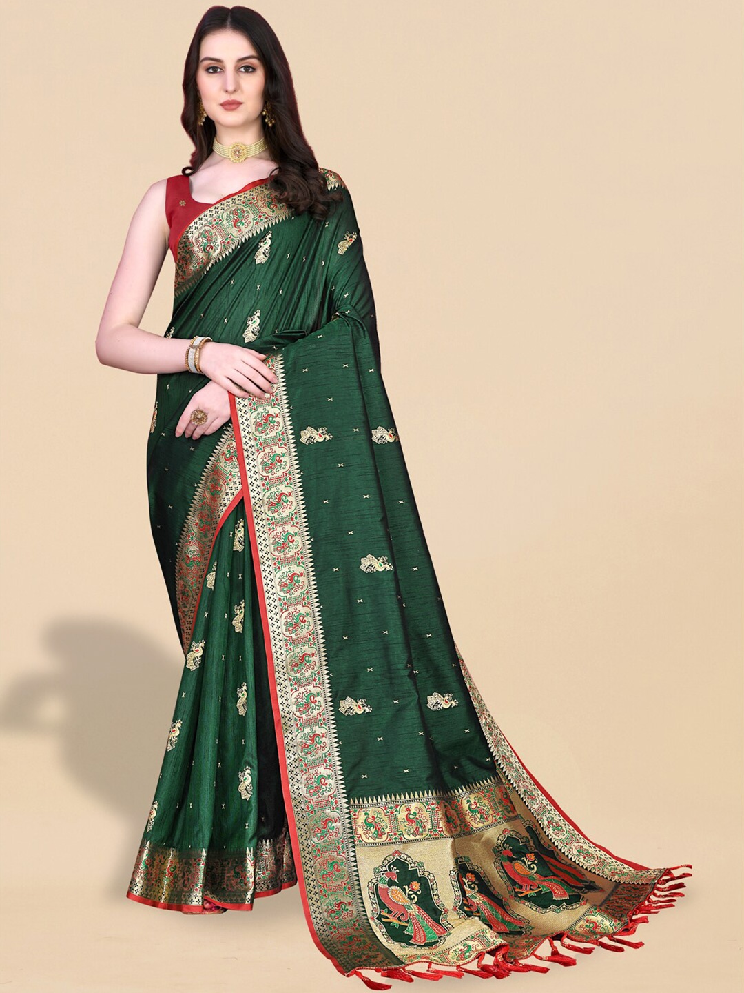 

JATRIQQ Ethnic Motifs Woven Design Zari Art Silk Paithani Saree, Green