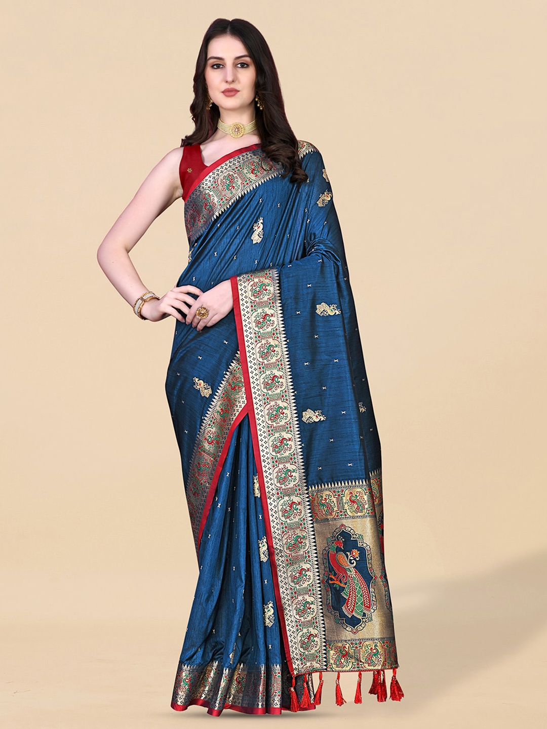 

JATRIQQ Ethnic Motifs Woven Design Zari Paithani Saree, Navy blue