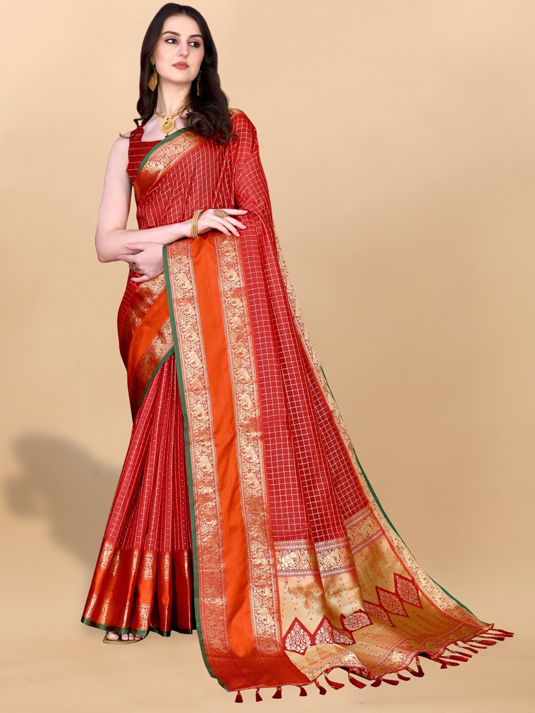 

JATRIQQ Woven Design Zari Art Silk Kanjeevaram Saree, Red