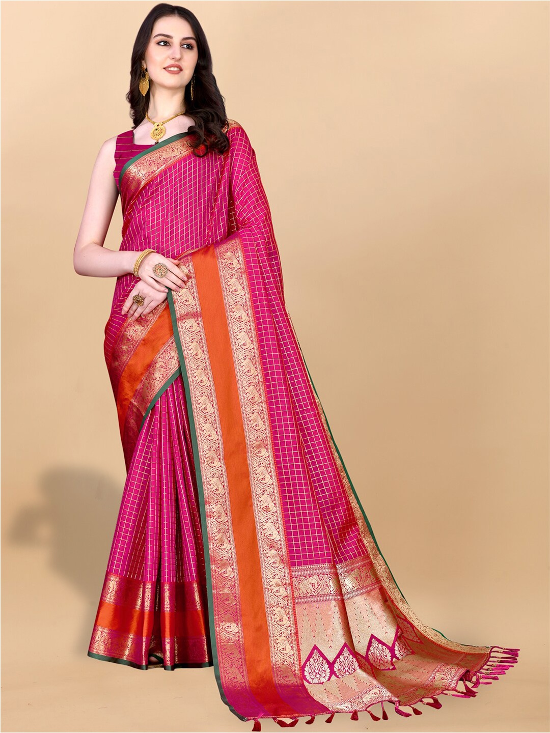 

JATRIQQ Woven Design Zari Kanjeevaram Saree, Pink