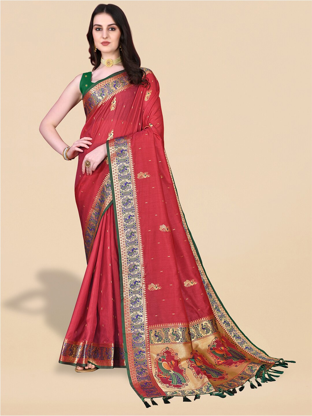 

JATRIQQ Woven Design Zari Art Silk Paithani Saree, Red