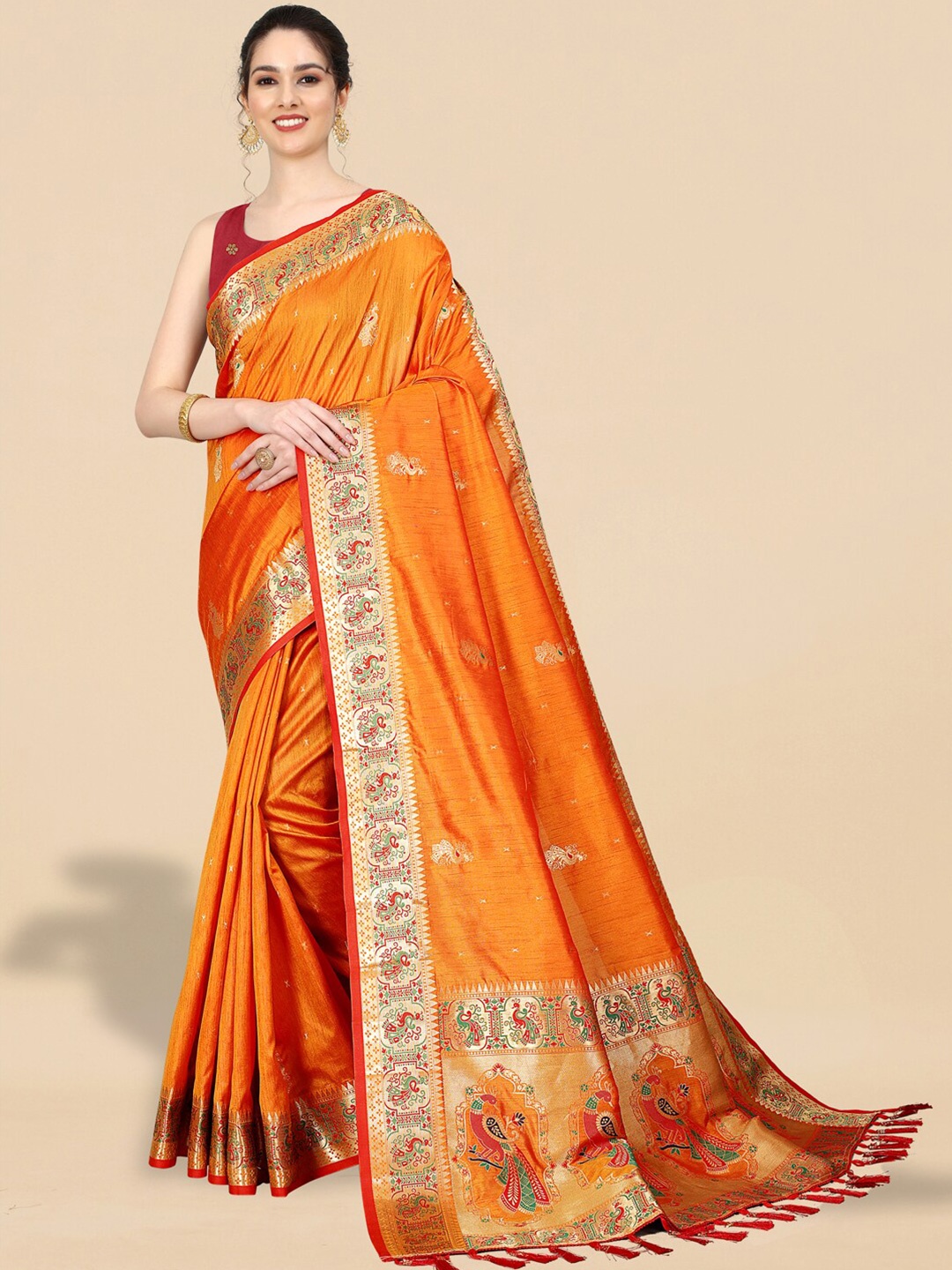 

JATRIQQ Woven Design Zari Art Silk Paithani Saree, Orange