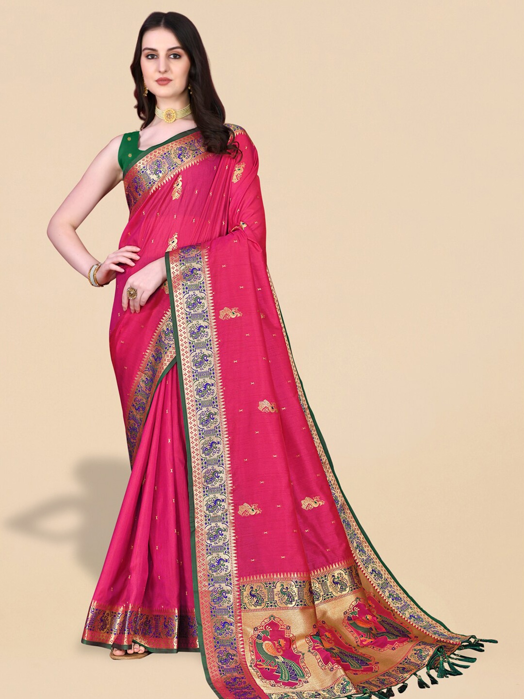

JATRIQQ Woven Design Zari Paithani Saree, Pink