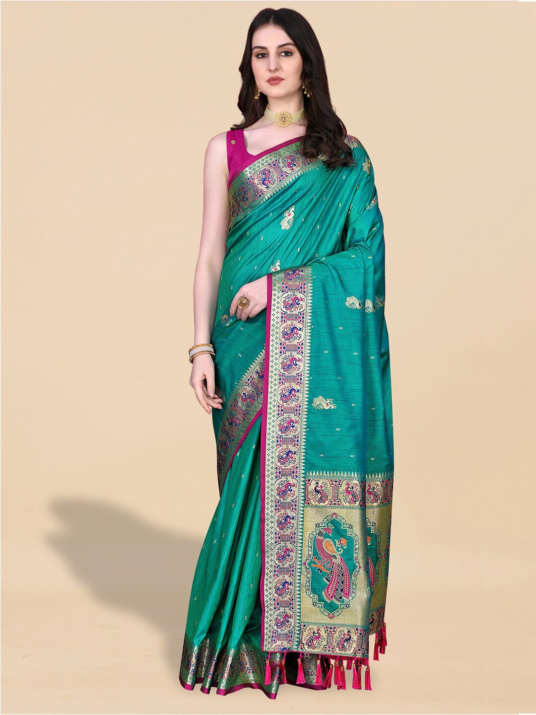 

JATRIQQ Ethnic Motifs Woven Design Zari Art Silk Paithani Saree, Teal