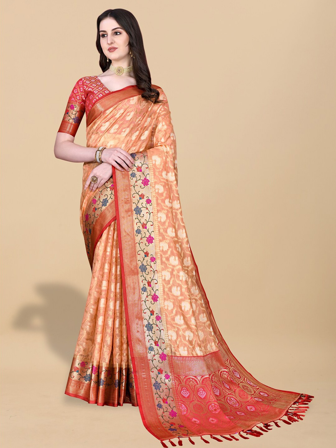 

JATRIQQ Ethnic Motifs Woven Design Zari Cotton Silk Saree, Orange