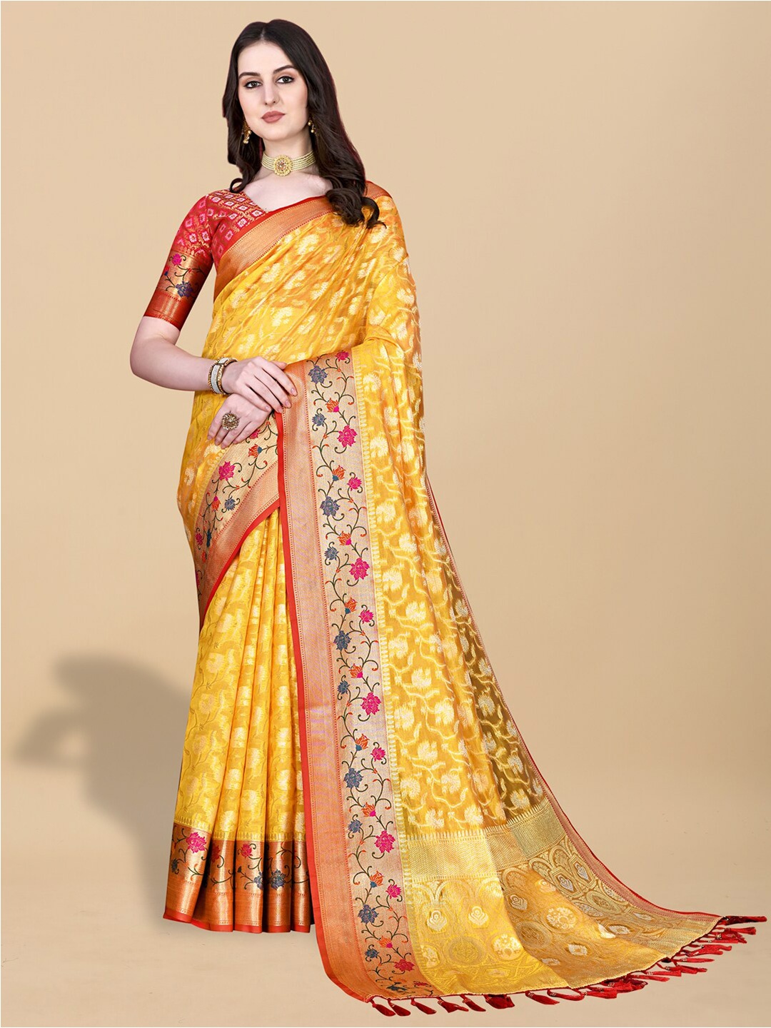 

JATRIQQ Ethnic Motifs Woven Design Zari Cotton Silk Saree, Yellow