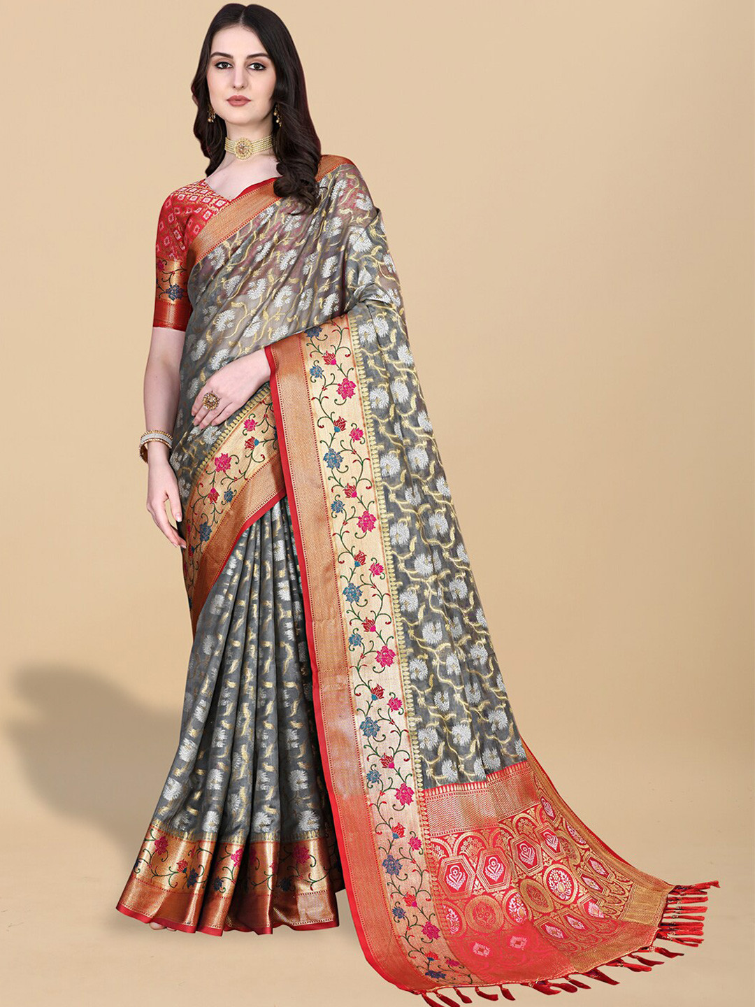 

JATRIQQ Woven Design Zari Silk Cotton Saree, Grey