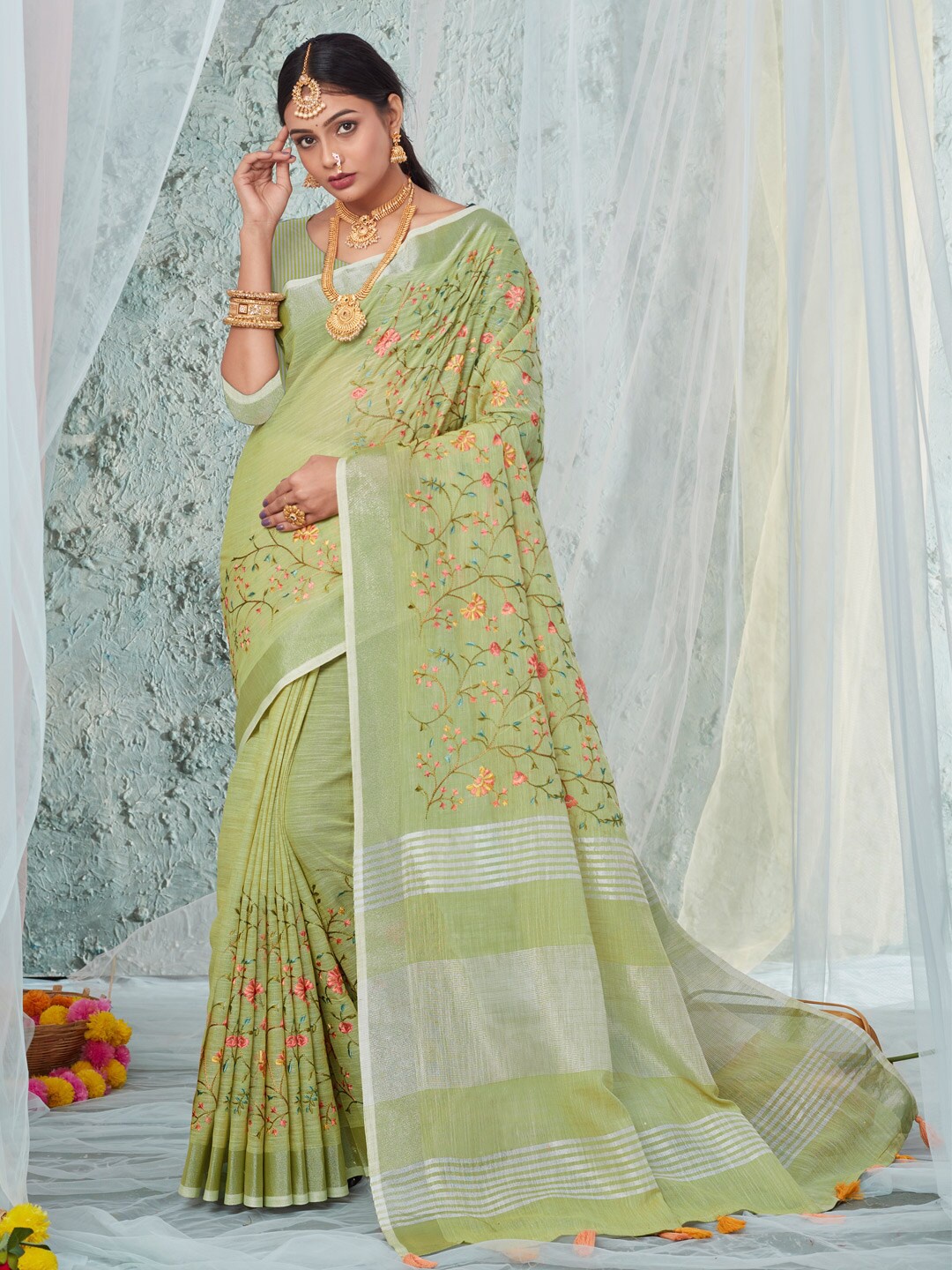 

Mitera Green & Blue Floral Embroidered Zari Linen Blend Saree