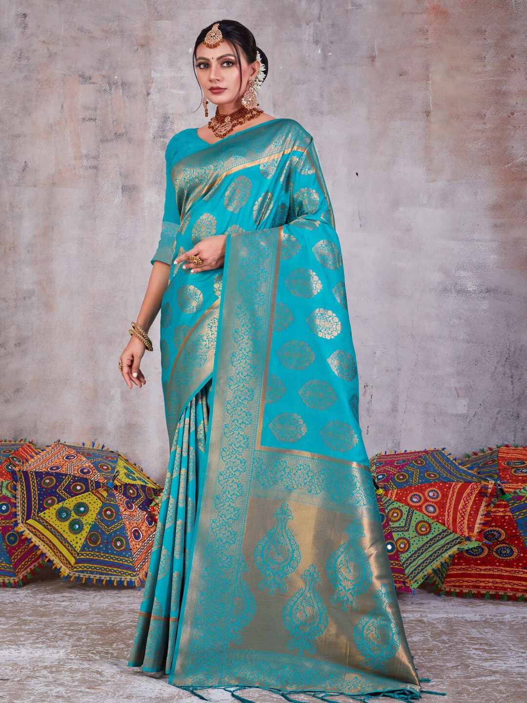 

Mitera Blue & Gold-Toned Floral Woven Design Zari Pure Silk Banarasi Saree