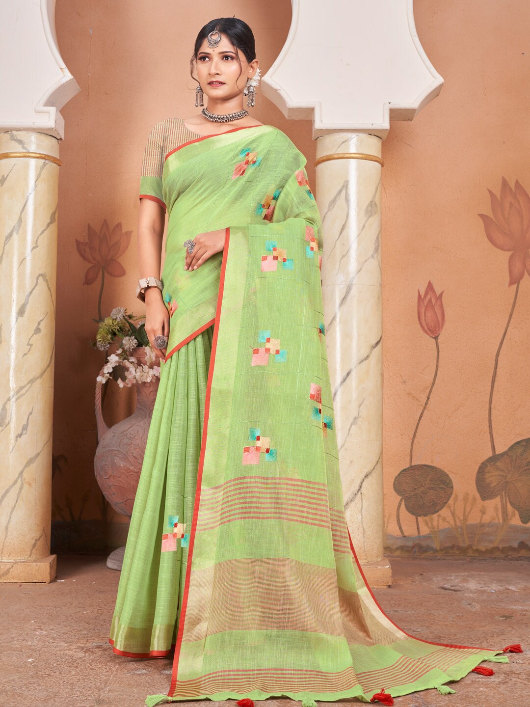 

Mitera Green & Pink Geometric Embroidered Saree