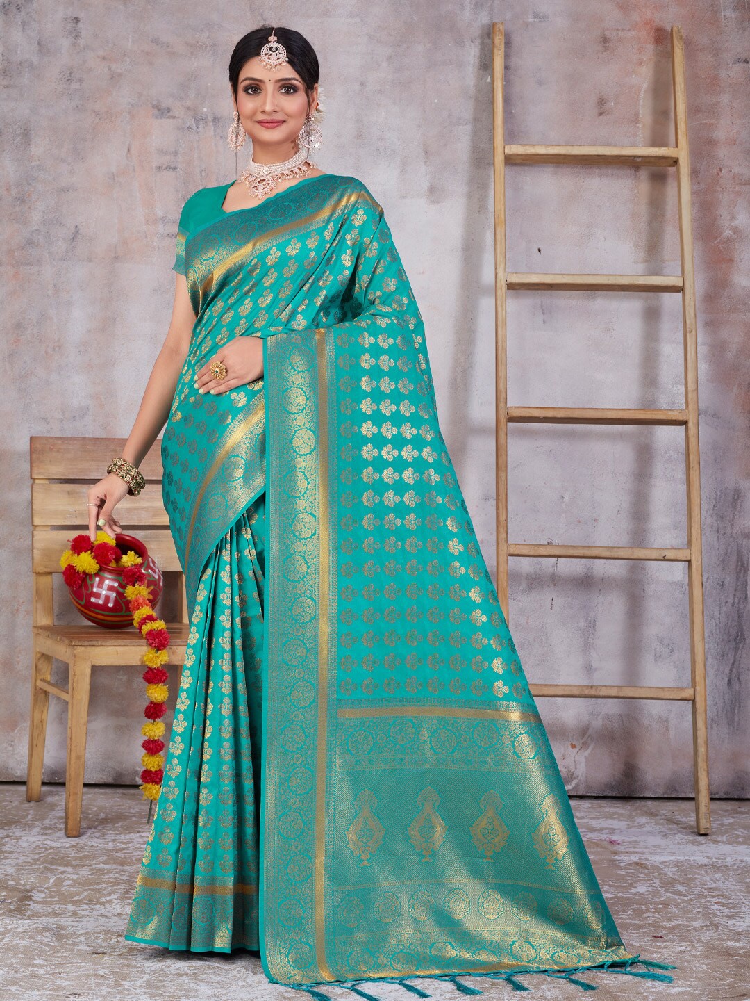 

Mitera Floral Woven Design Zari Pure Silk Banarasi Saree, Sea green