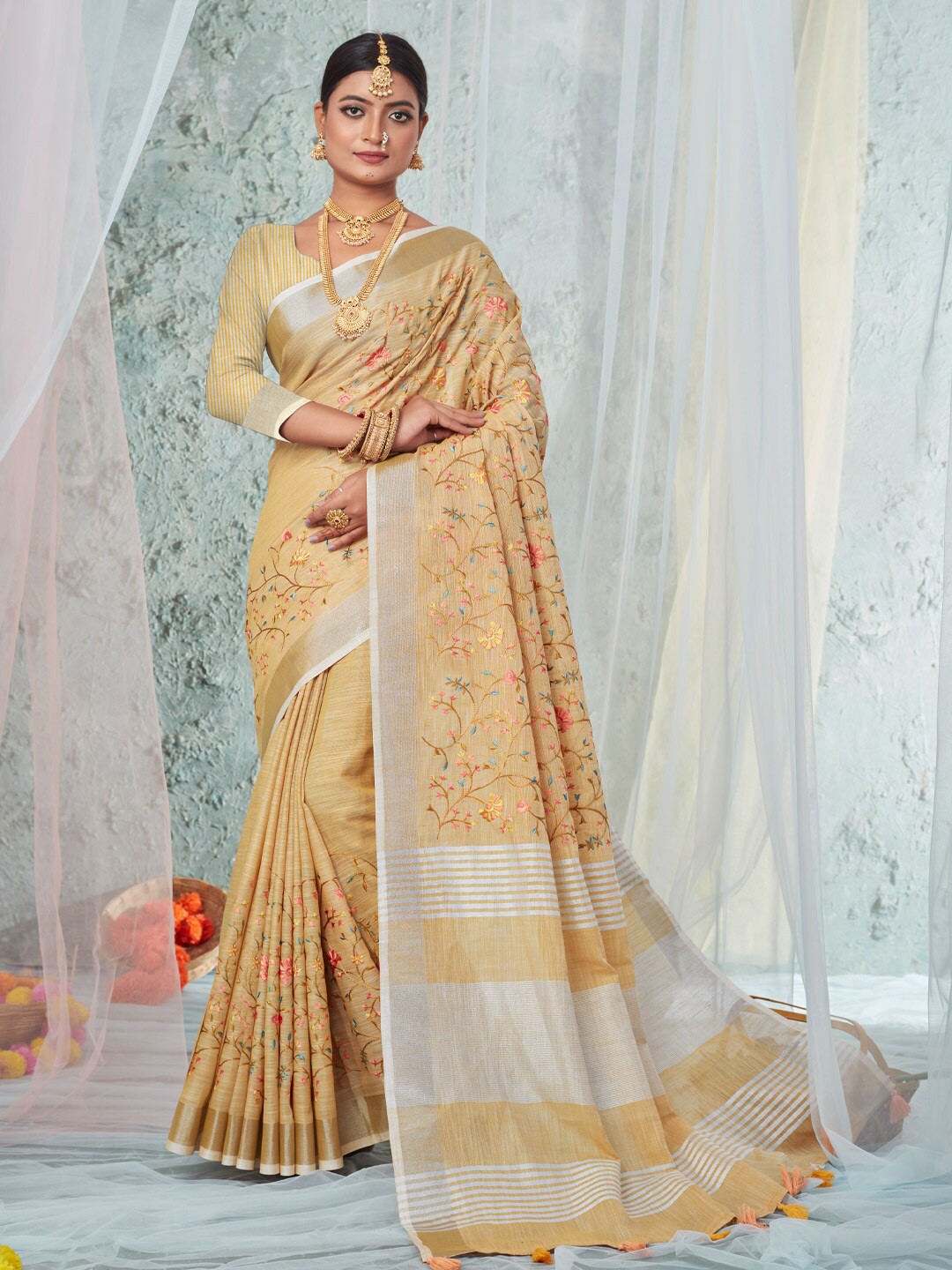 

Mitera Floral Embroidered Linen Blend Saree, Beige