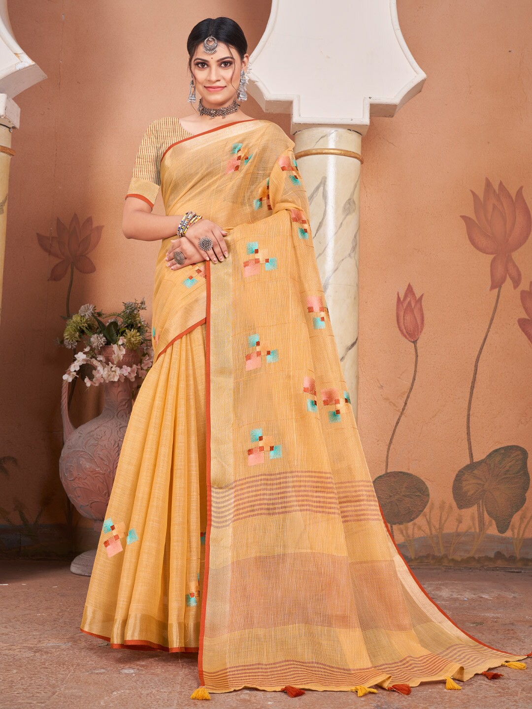 

Mitera Orange & Sea Green Geometric Woven Design Saree