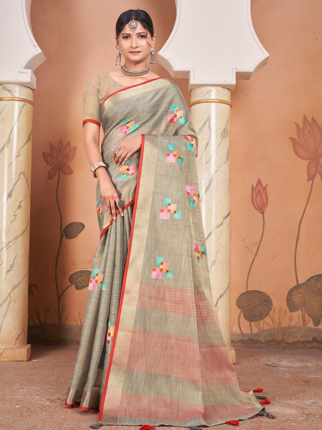 

Mitera Grey & Red Geometric Embroidered Linen Blend Saree, Beige
