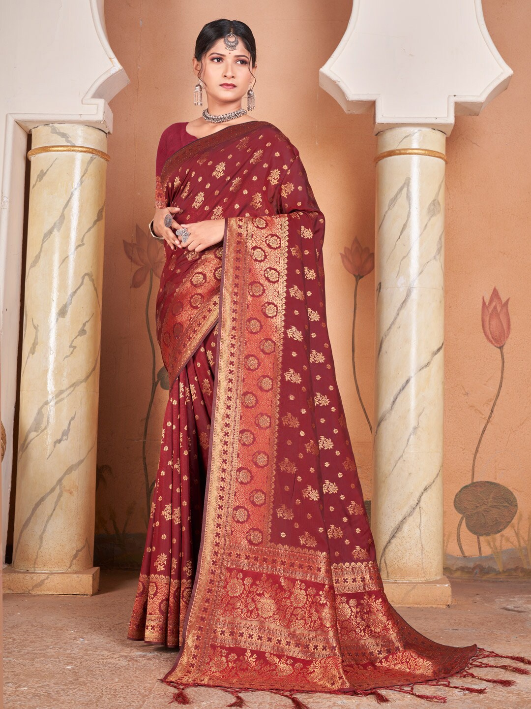 

Mitera Maroon & Gold-Toned Ethnic Motifs Woven Design Zari Pure Silk Banarasi Saree