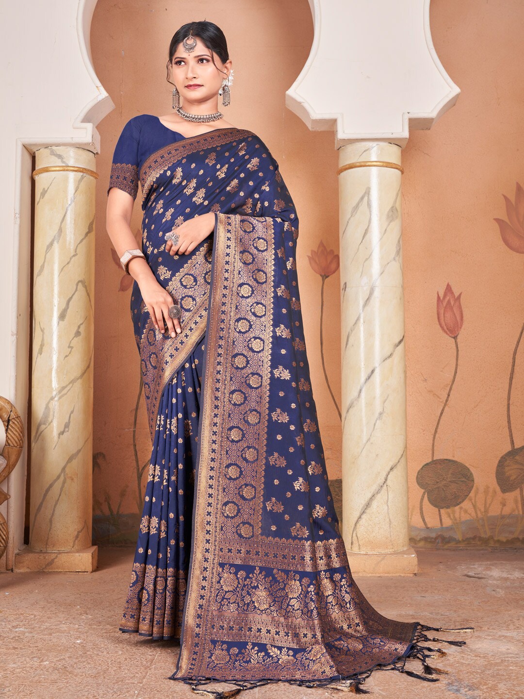 

Mitera Navy Blue & Gold-Toned Ethnic Motifs Woven Design Zari Pure Silk Banarasi Saree