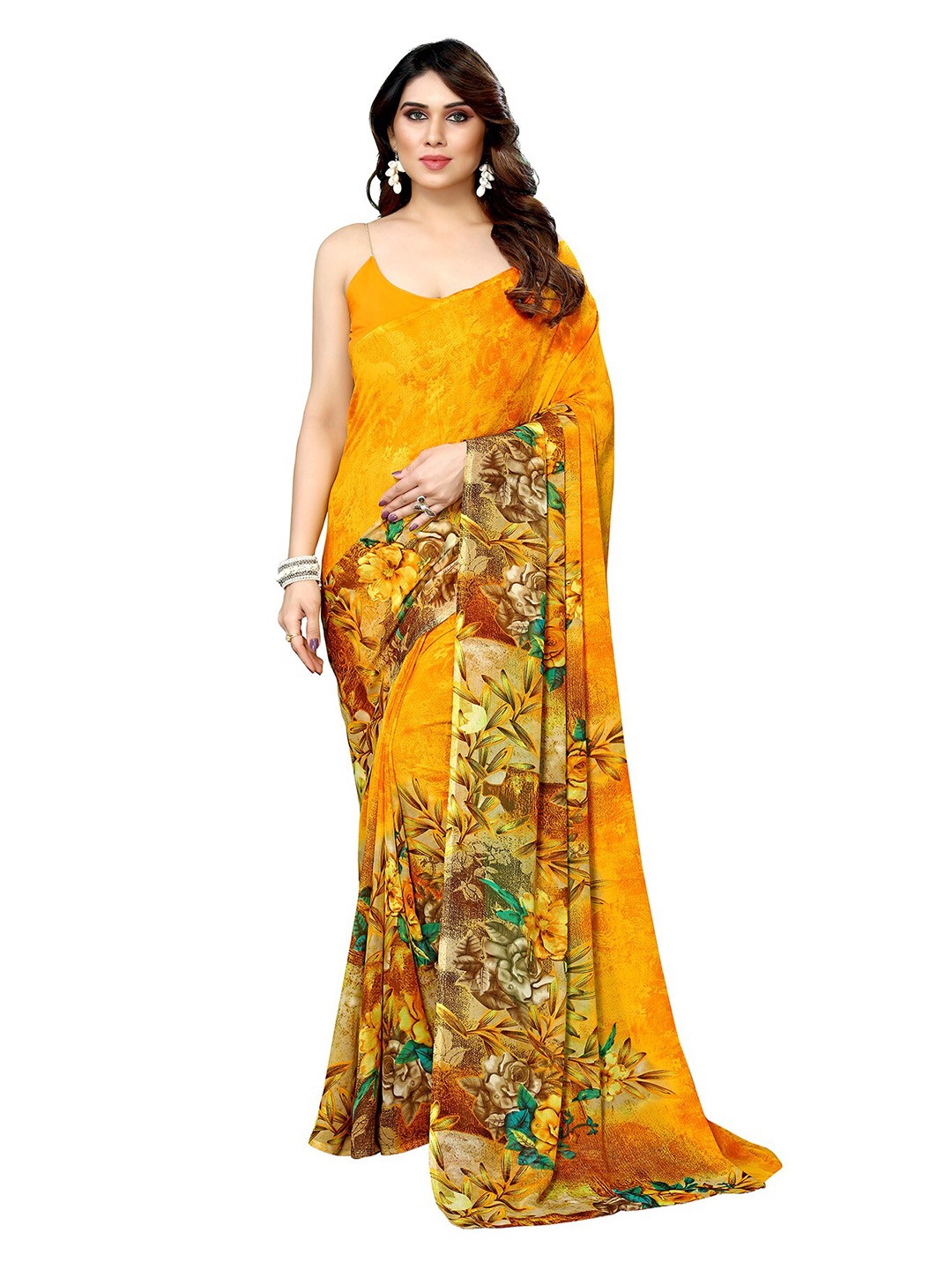 

ANAND SAREES Floral Printed Pure Georgette Saree, Yellow