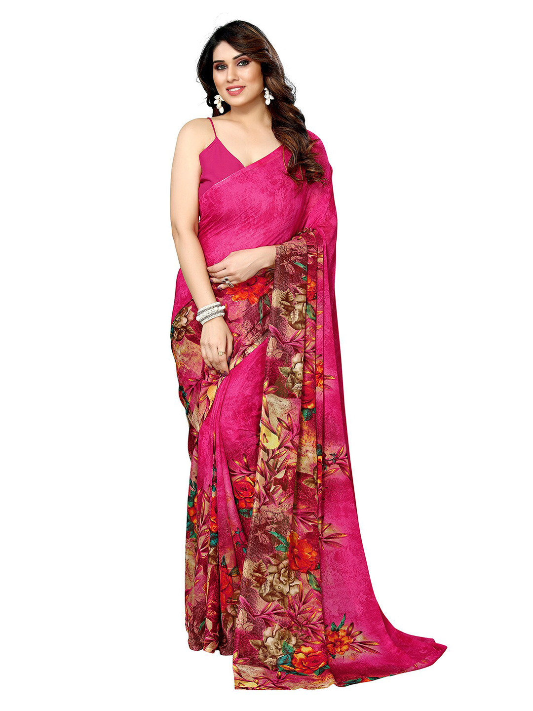 

ANAND SAREES Floral Pure Georgette Saree, Pink