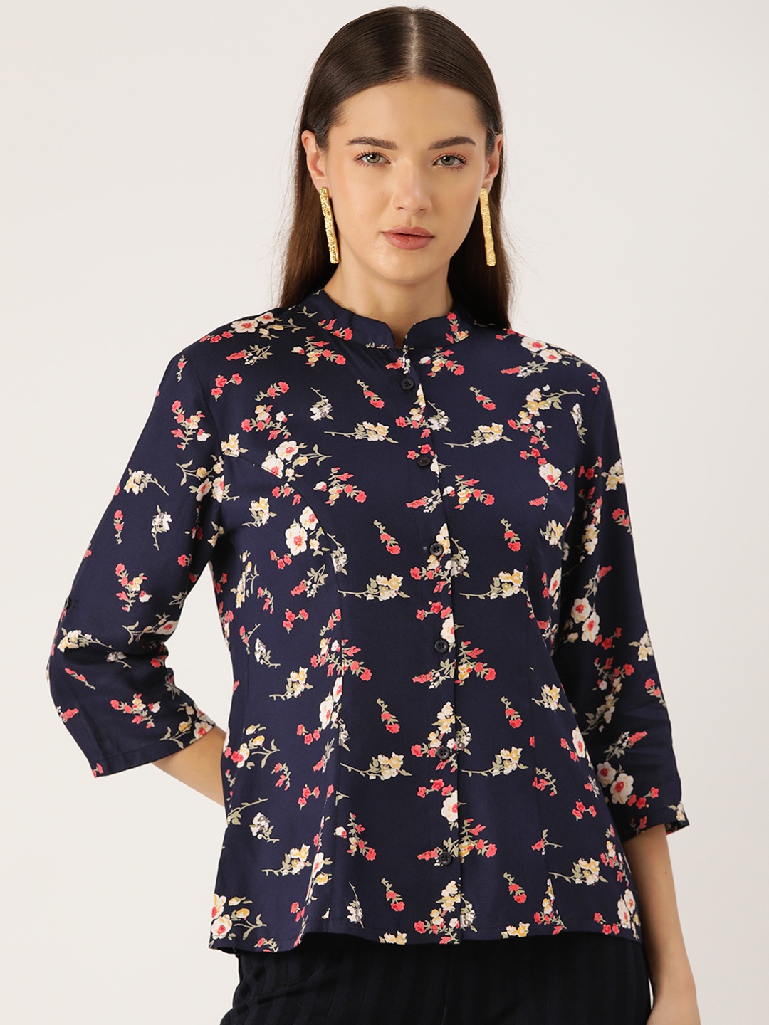 

Rue Collection Floral Print Mandarin Collar Shirt Style Top, Multi