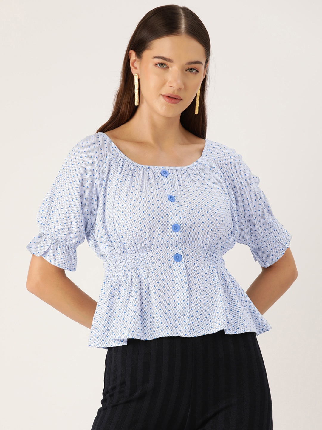 

Rue Collection Polka Dots Print Puff Sleeves Peplum Top, White