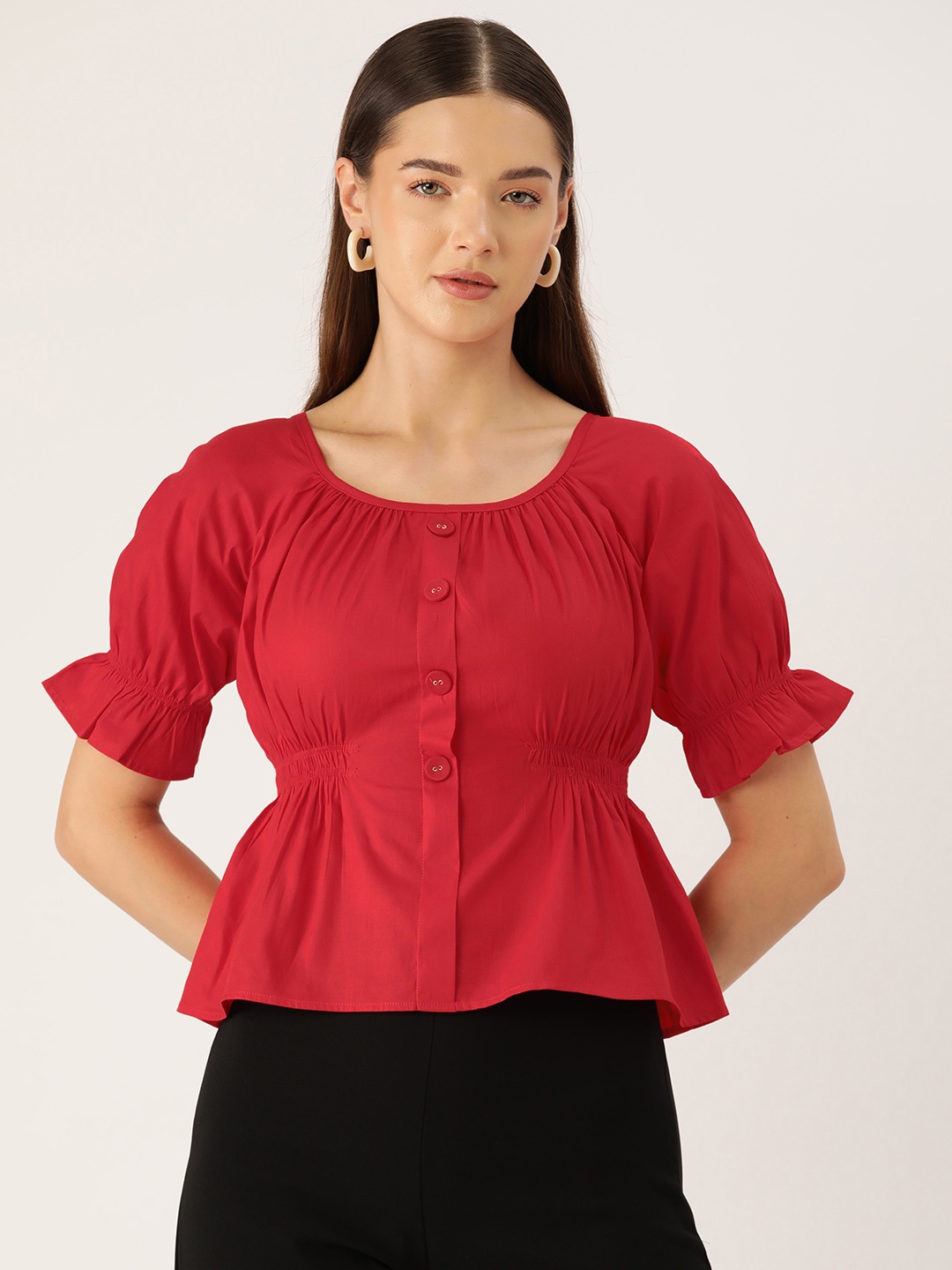 

Rue Collection Puff Sleeves Peplum Top, Red