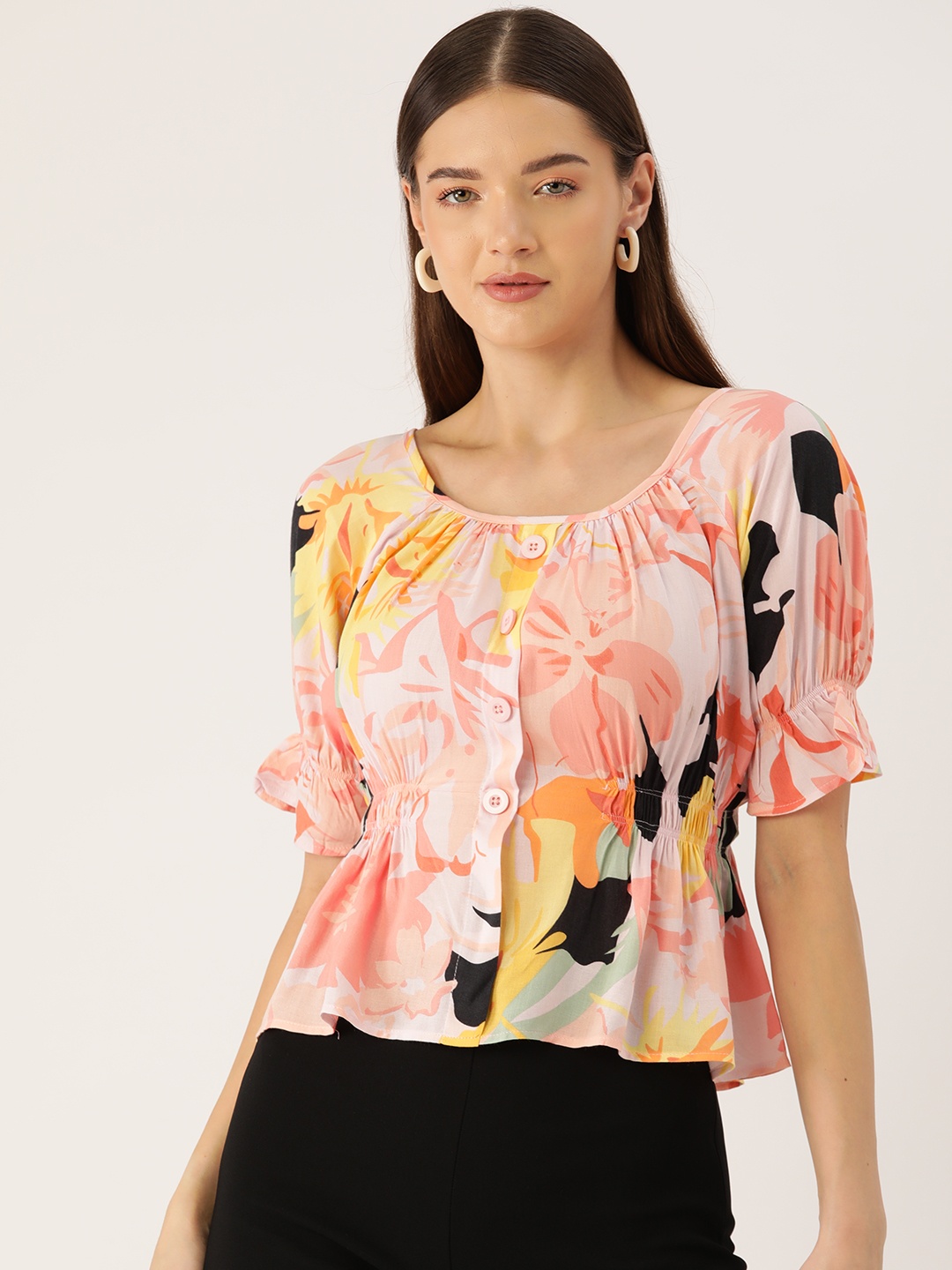 

Rue Collection Floral Print Puff Sleeves Peplum Top, Multi