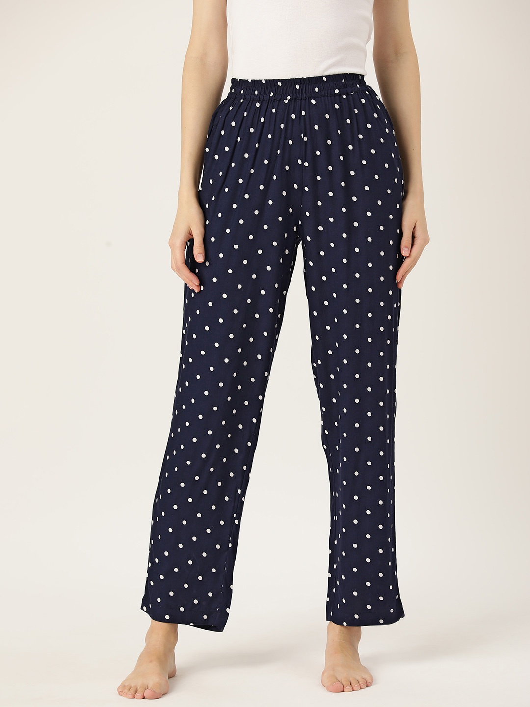 

Rue Collection Polka Dots Printed Pure Cotton Lounge Pants, Navy blue