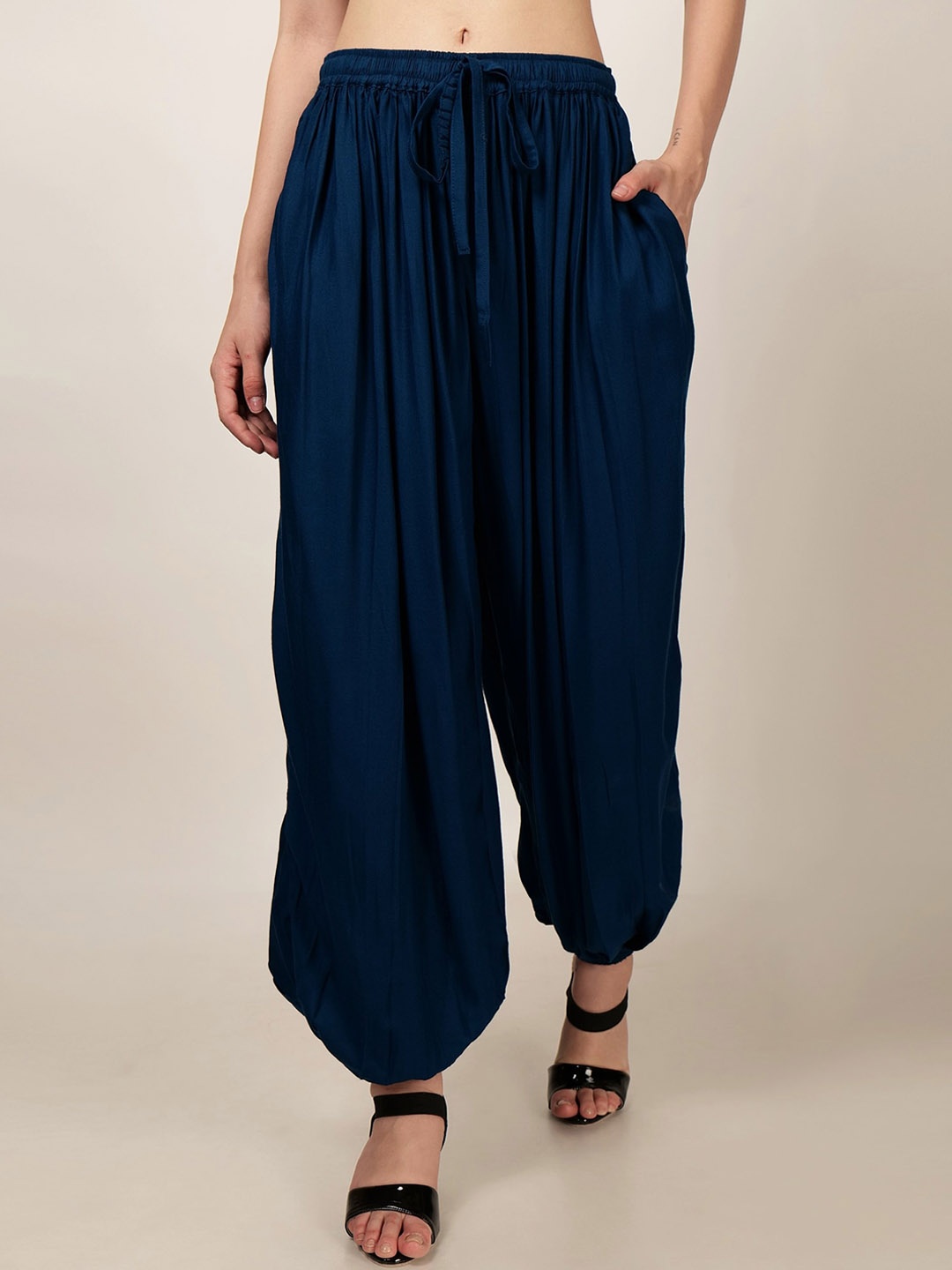 

PATRORNA Pleated Mid-Rise Loose-Fit Harem pants, Blue
