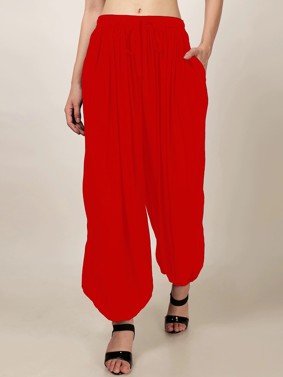 

PATRORNA Pleated Mid-Rise Loose-Fit Harem pants, Red
