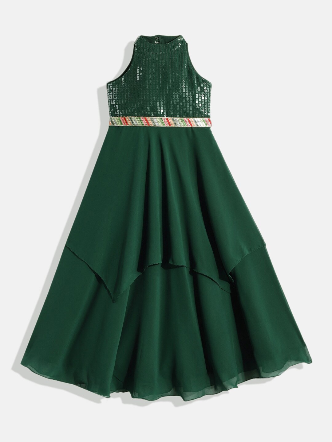 

Ethnovog Girls Embellished High Neck Sequinned Georgette Maxi Dress, Green