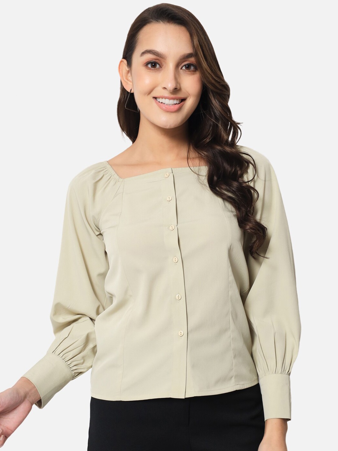 

BAESD Square Neck Puff Sleeves Cuffed Sleeves Shirt Style Top, Green