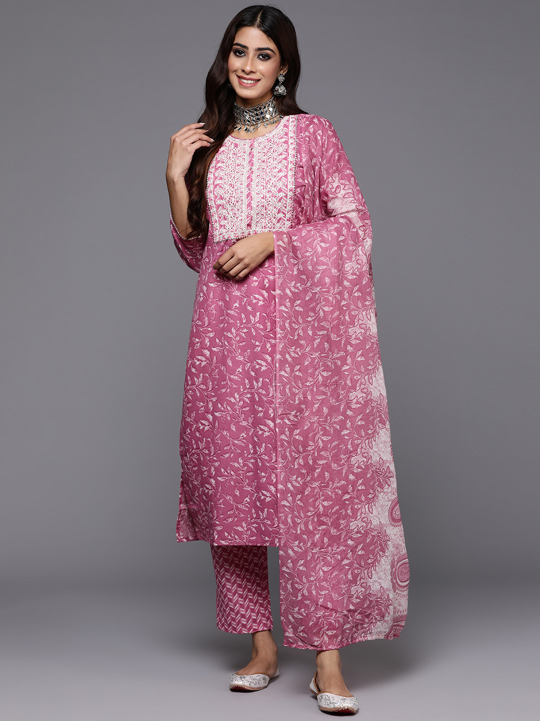 

Indo Era Women Floral Embroidered Pure Cotton Kurta with Trousers & With Dupatta, Lavender