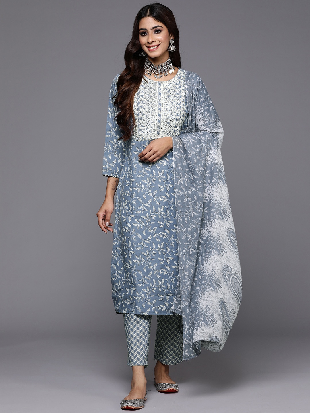 

Indo Era Women Floral Embroidered Pure Cotton Kurta with Trousers & With Dupatta, Grey