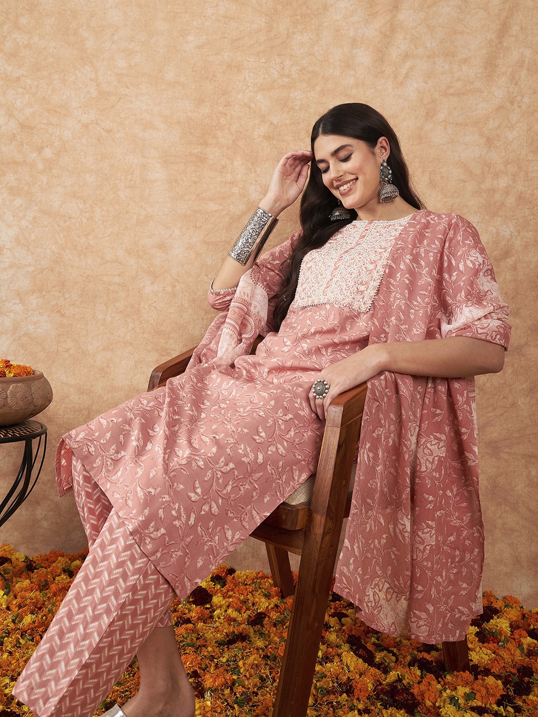 

Indo Era Floral Embroidered Regular Thread Work Pure Cotton Kurta with Trousers & Dupatta, Rust