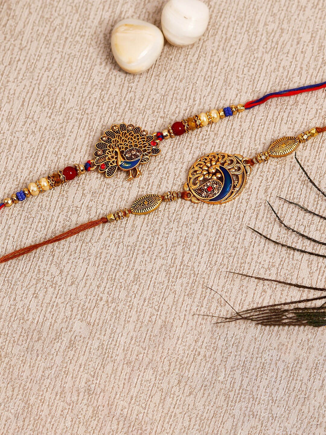 

eCraftIndia Set of 2 Designer Peacock Rakhis With Roli Chawal Pack, Red