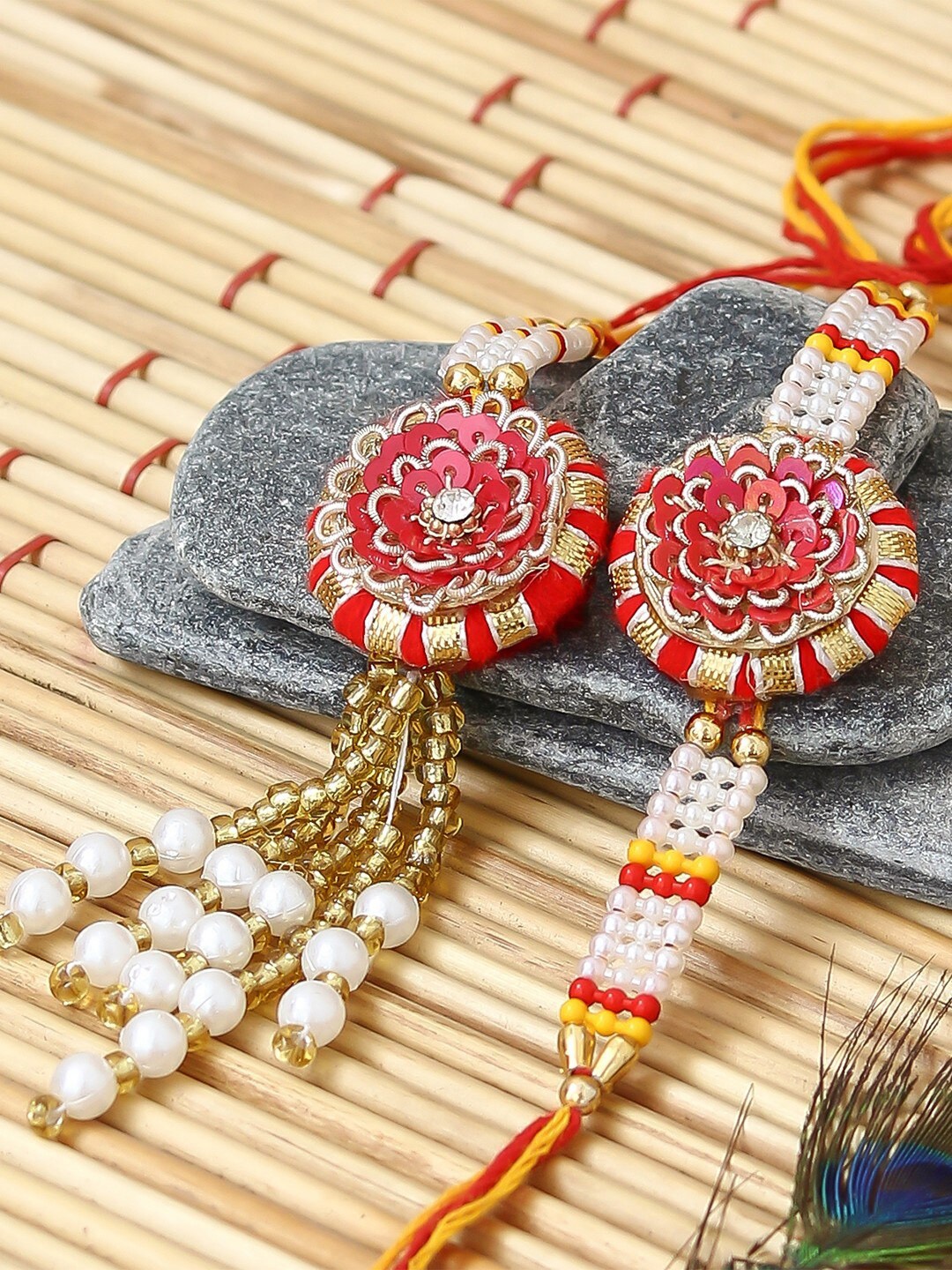 

eCraftIndia Unisex Set Of 2 Bhaiya Bhabhi Rakhi, Gold