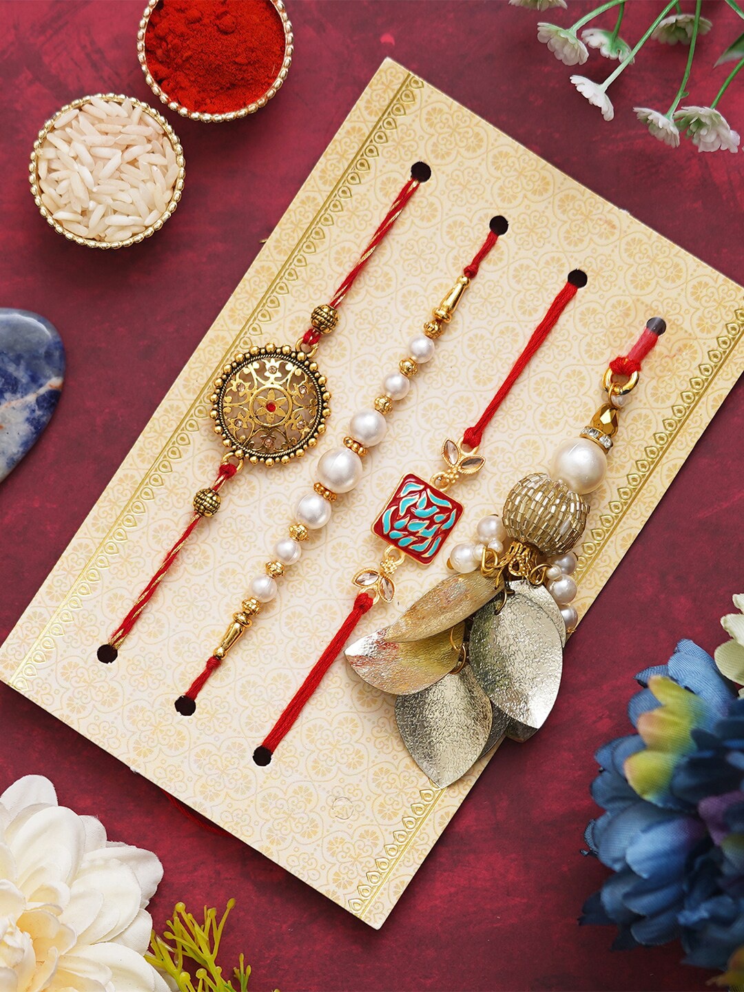 

eCraftIndia Unisex Set Of 4 Stone Studded & Pearls Beaded Thread Rakhis, Gold