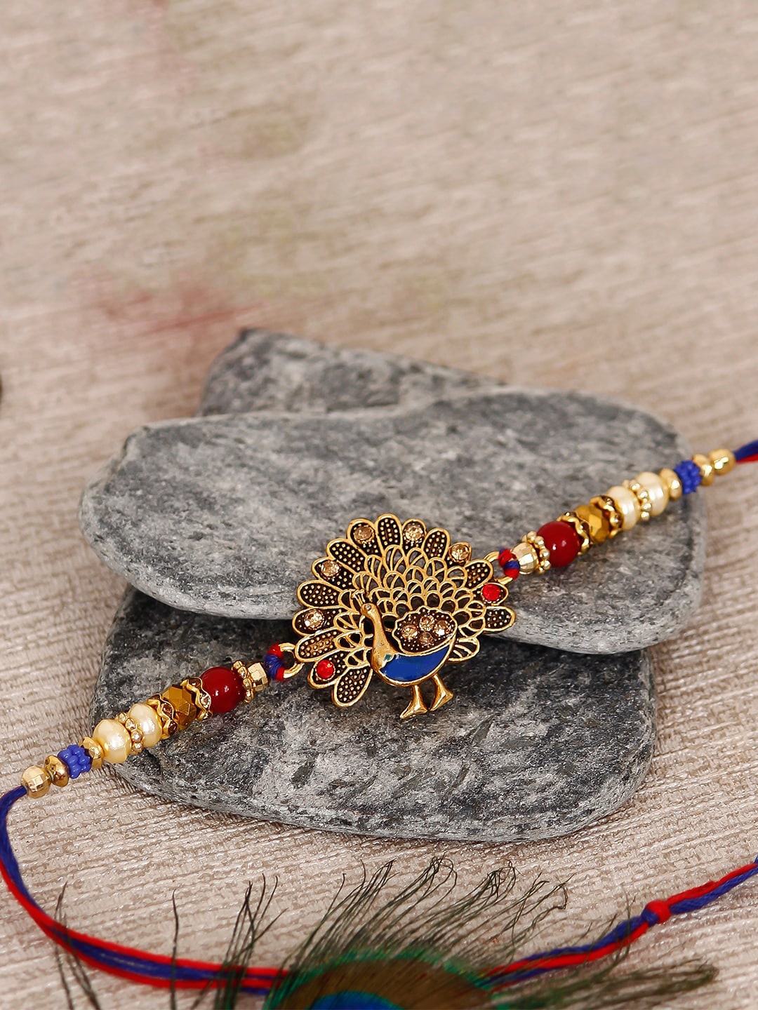 eCraftIndia Crystal-Studded & Beaded Rakhi, Yellow