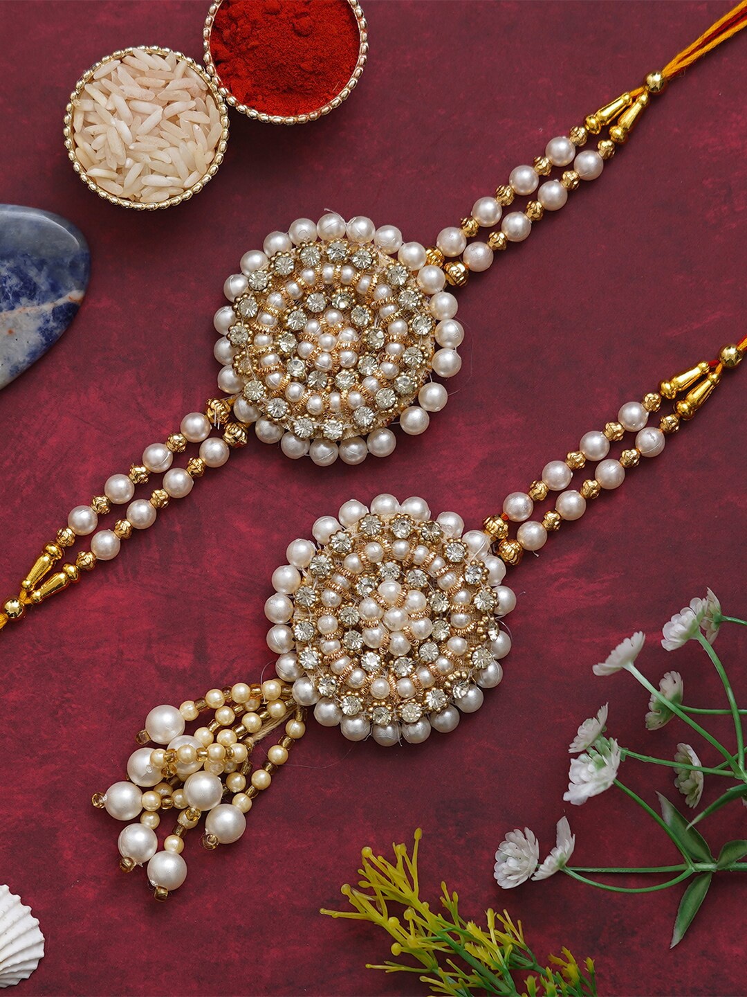 

eCraftIndia Unisex Set Of 2 Stone Studded & Beaded Thread Rakhis, Gold