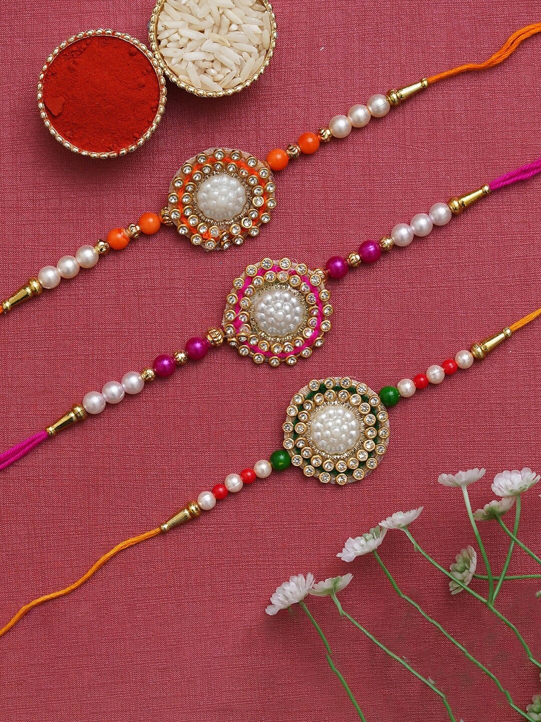 

eCraftIndia Men Set Of 3 Stone Studded & Beaded Thread Rakhis, Orange