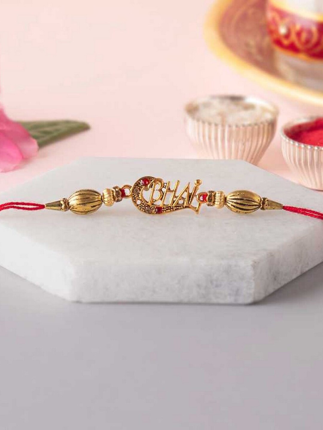 

eCraftIndia Stone-Studded & Beaded Fancy Designer Rakhi, Gold