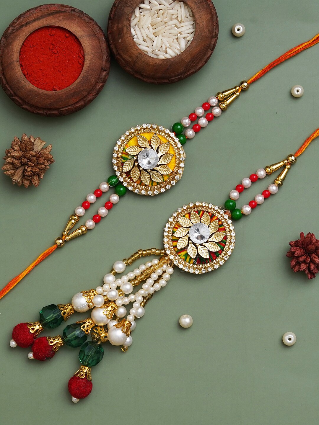 

eCraftIndia Unisex Set of 2 Beads and Stones Rakhi Set, Red